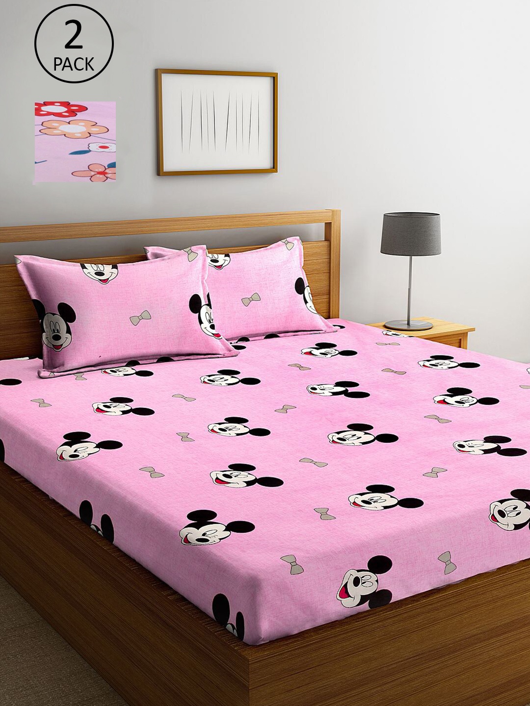 

KLOTTHE Pink & Black Cartoon Characters 210 TC 2 King Bedsheet with 4 Pillow Covers