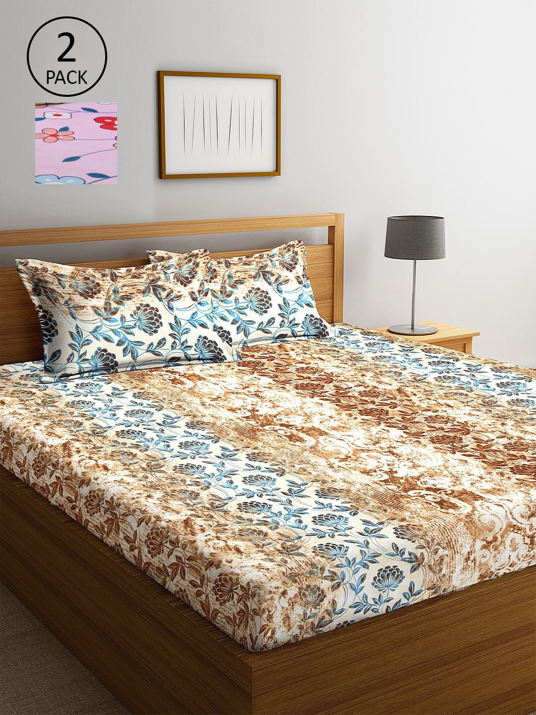 

KLOTTHE Brown & Blue Floral 210 TC 2 King Bedsheet with 4 Pillow Covers