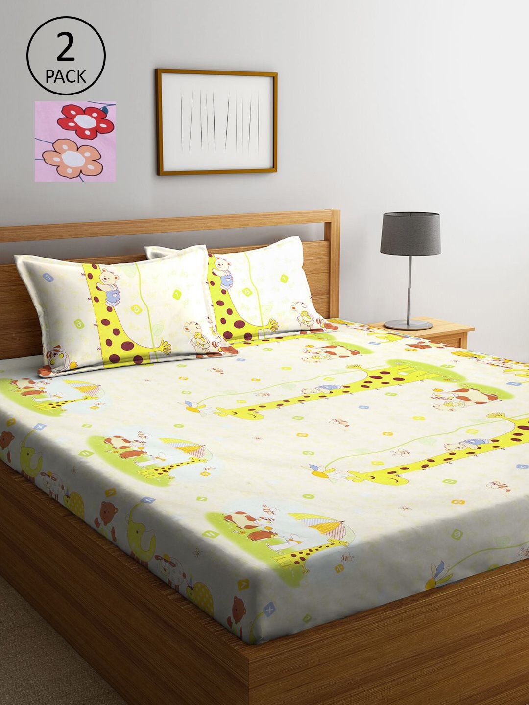 

KLOTTHE Beige & Yellow Cartoon Characters 210 TC 2 King Bedsheet with 4 Pillow Covers