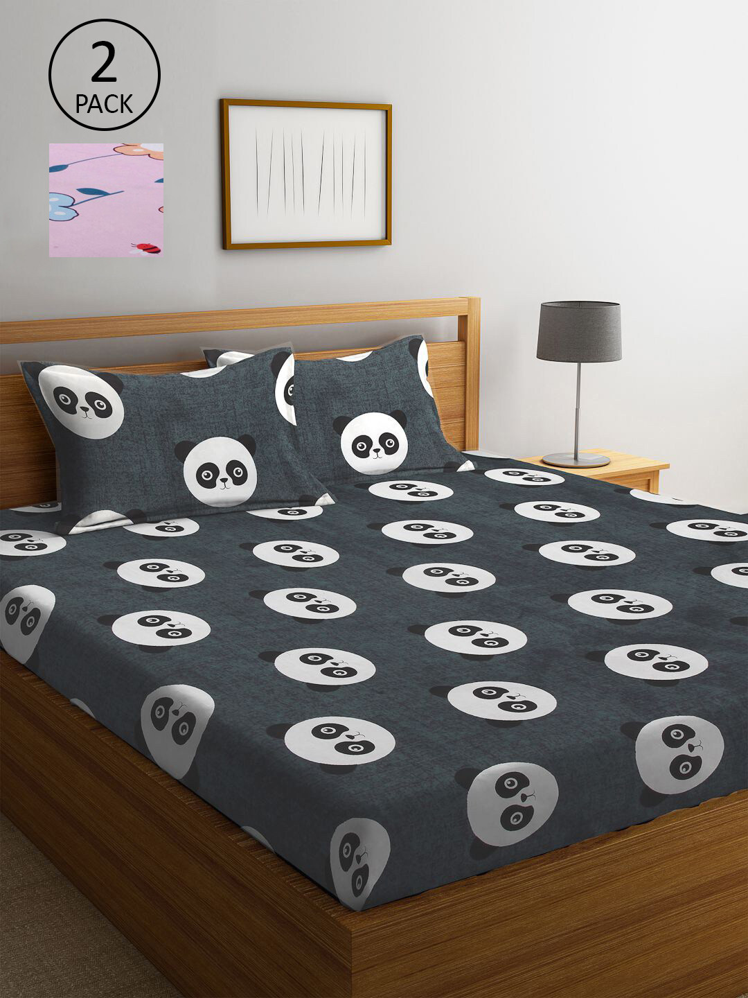 

KLOTTHE Grey & Pink Cartoon Characters 210 TC 2 King Bedsheet with 4 Pillow Covers