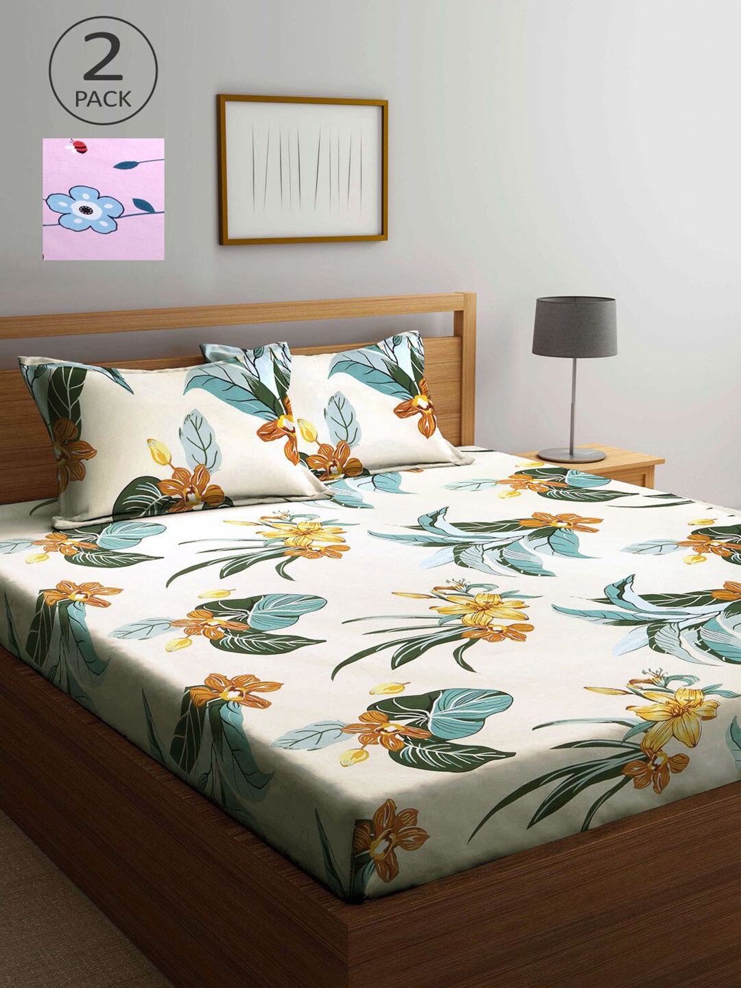 

KLOTTHE Cream-Coloured & Pink Floral 210 TC 2 King Bedsheet with 4 Pillow Covers