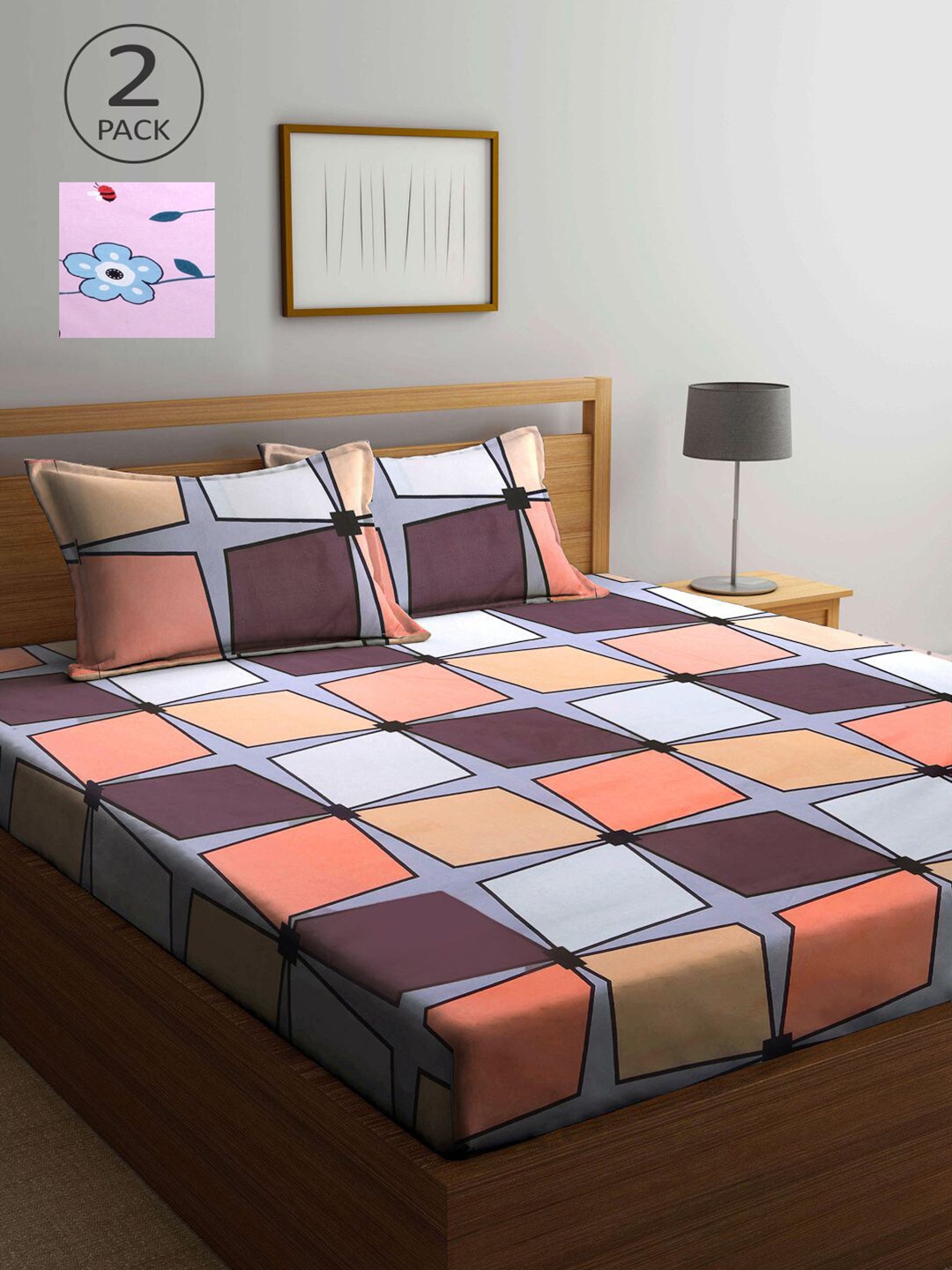 

KLOTTHE Brown & Pink Geometric 210 TC 2 King Bedsheet with 4 Pillow Covers