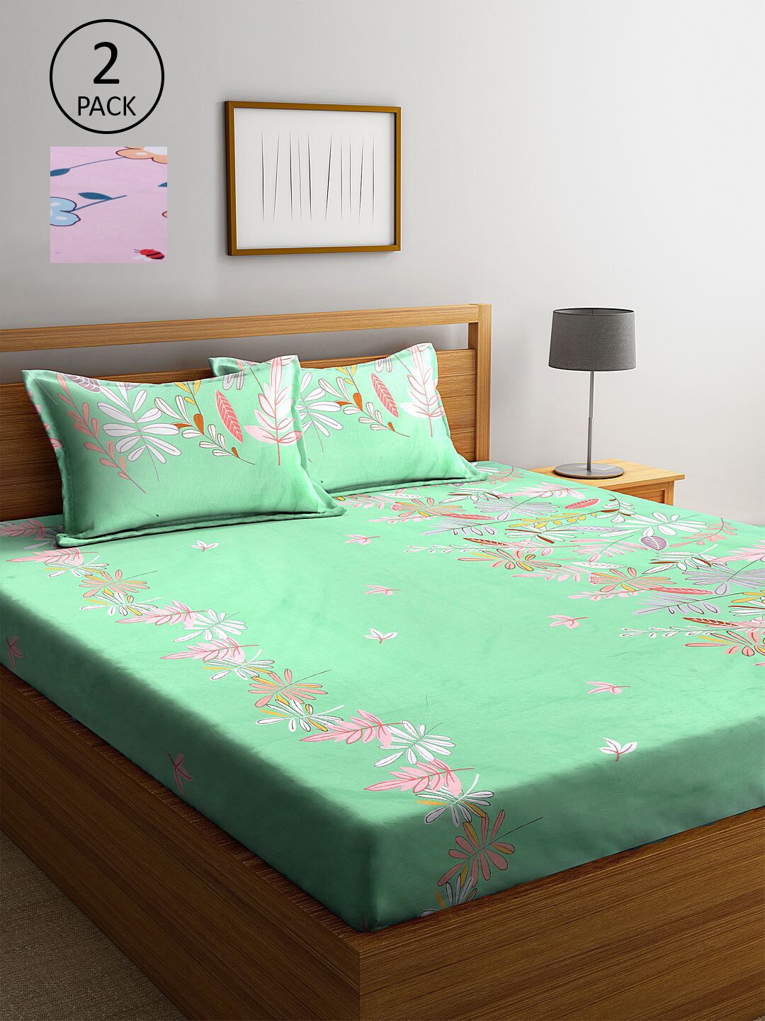 

KLOTTHE Green & Pink Floral 210 TC 2 King Bedsheet with 4 Pillow Covers