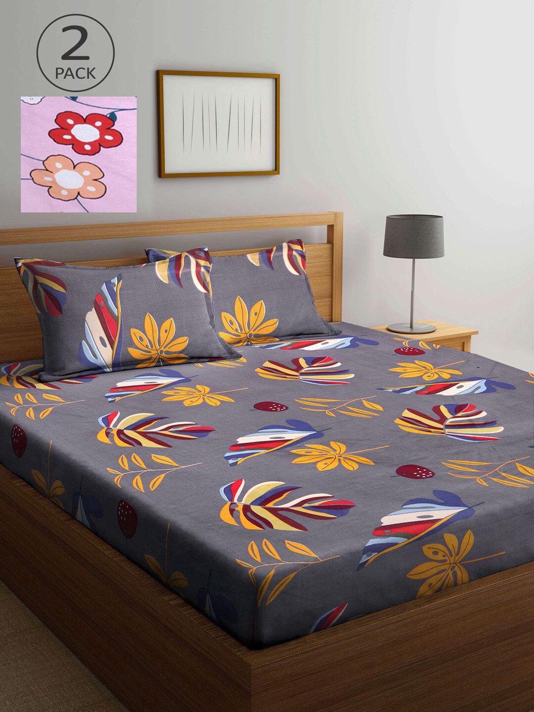 

KLOTTHE Grey & Pink Floral 210 TC 2 King Bedsheet with 4 Pillow Covers