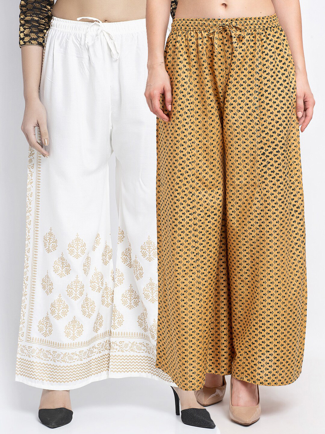 

Jinfo Women White & Beige Set Of 2 Ethnic Motifs Printed Flared Knitted Ethnic Palazzos