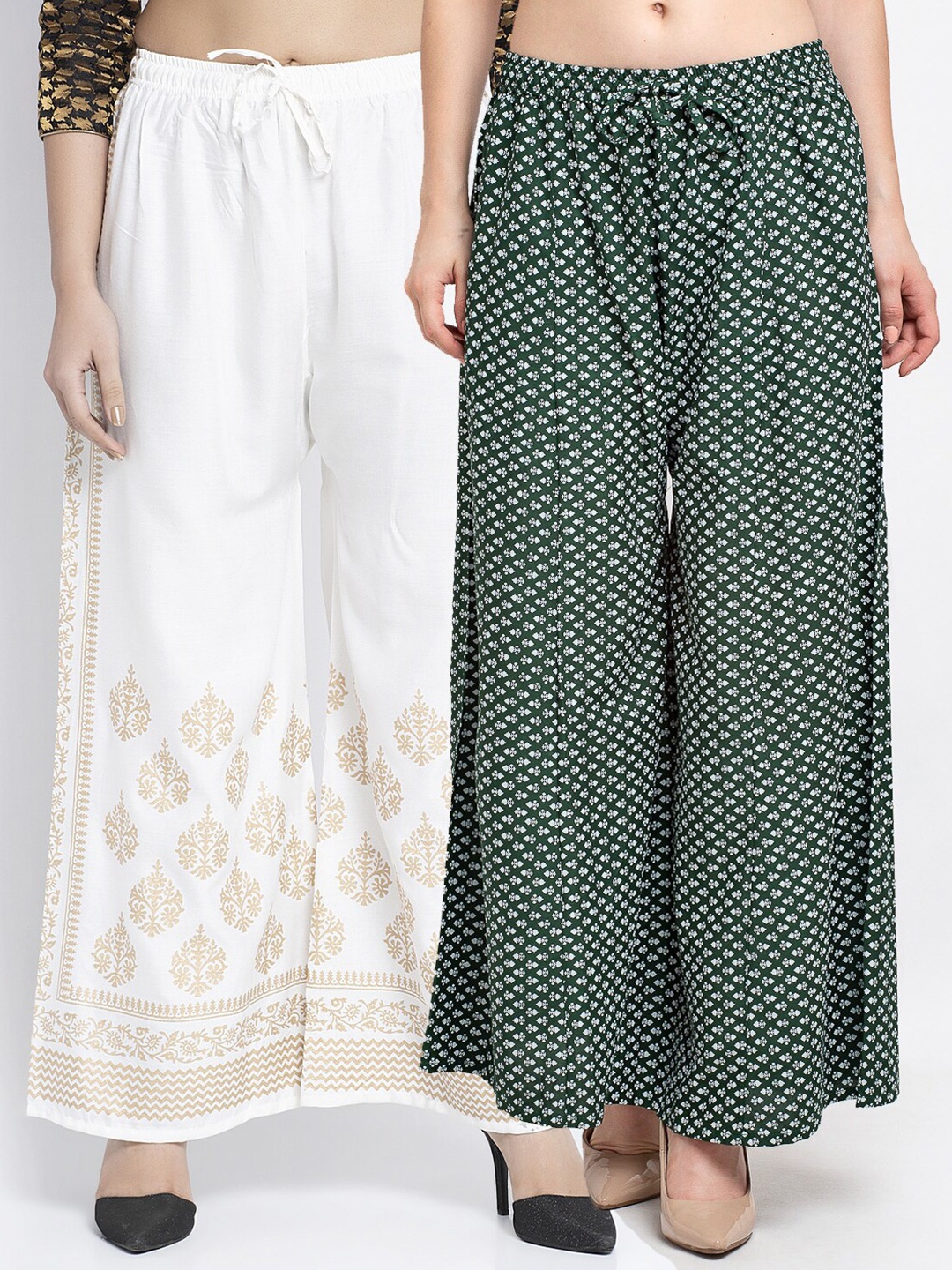 

Jinfo Women Off-White & Green Pack Of 2 Ethnic Motifs Printed Flared Fit Palazzos