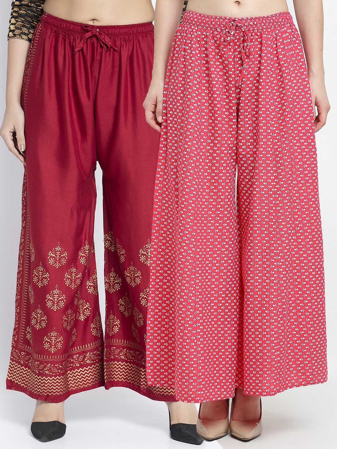 

Jinfo Women Maroon & Pink 2 Ethnic Motifs Printed Flared Knitted Ethnic Palazzos