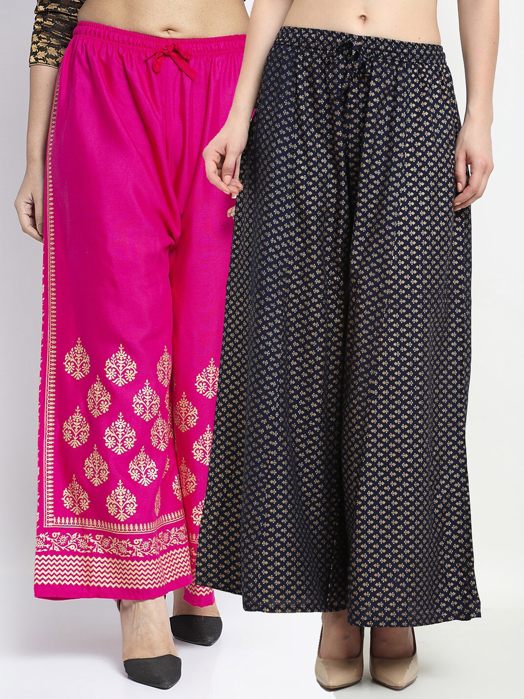 

Jinfo Women Pack of 2 Ethnic Motifs Printed Flared Knitted Ethnic Palazzos, Pink