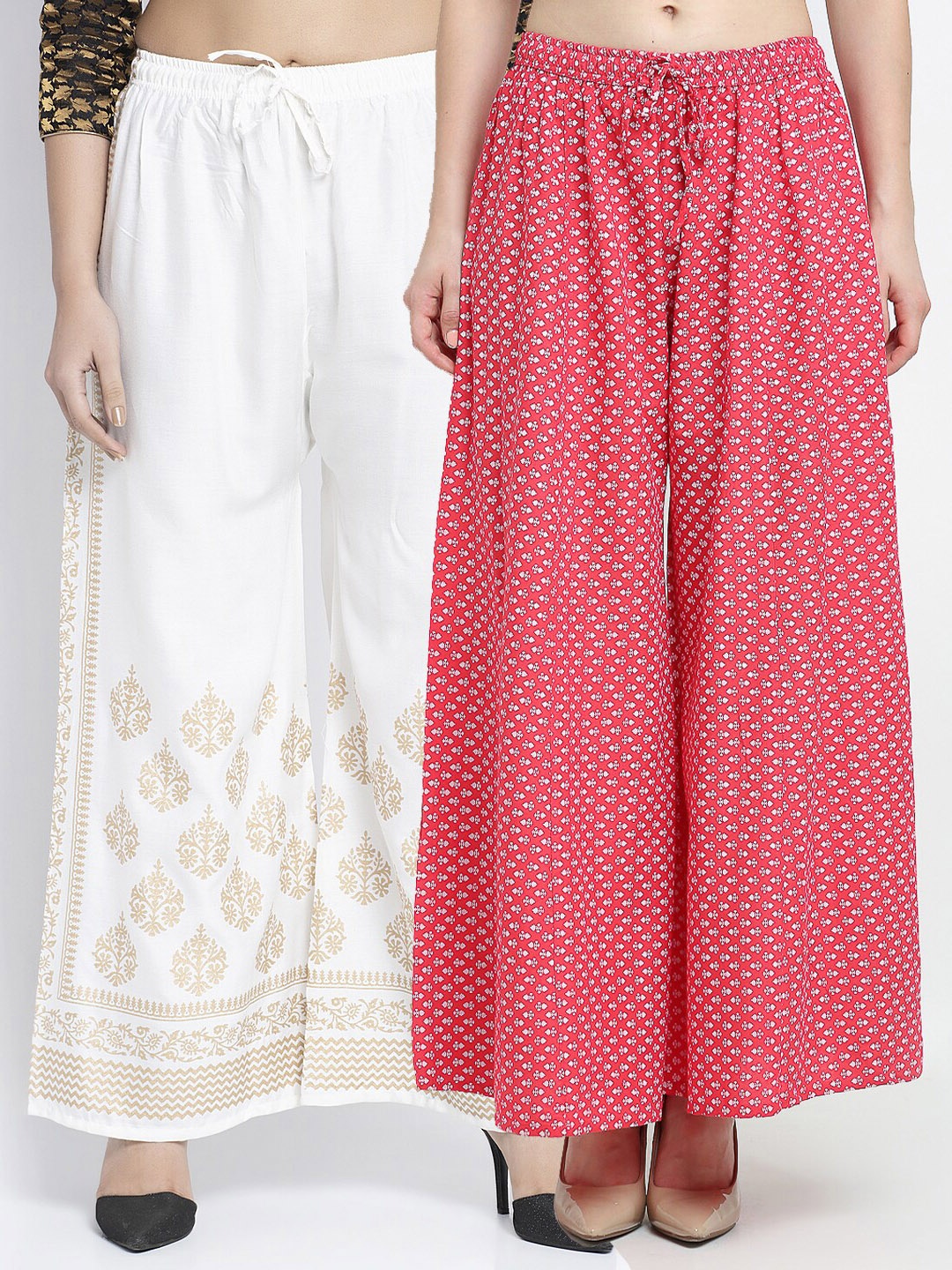 

Jinfo Women White & Pink Set Of 2 Ethnic Motifs Printed Flared Ethnic Palazzos