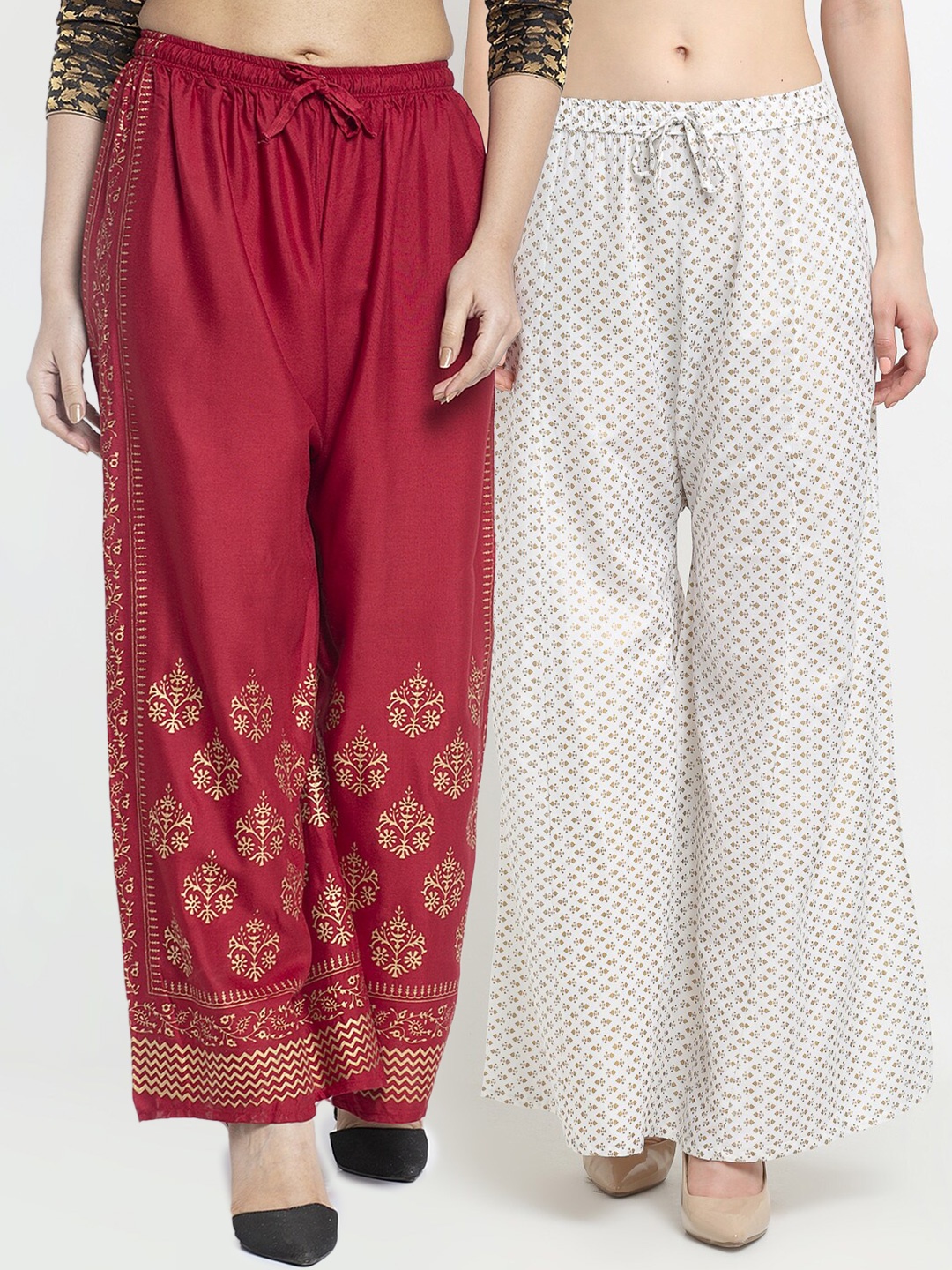 

Jinfo Women Maroon & White Pack Of 2 Abstract Printed Flared Fit Palazzos