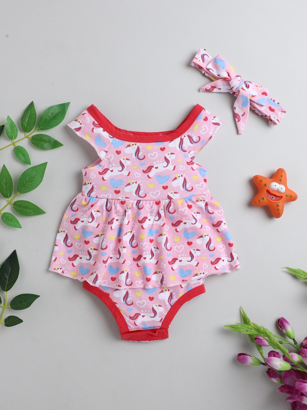 

BUMZEE Infant Girls Pink & Red Printed Pure Cotton Bodysuit With Hair Band