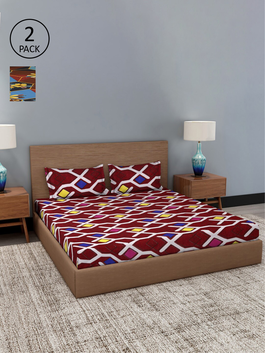 

Dhrohar Maroon & Blue Geometric 180 TC 2 King Bedsheet with 4 Pillow Covers