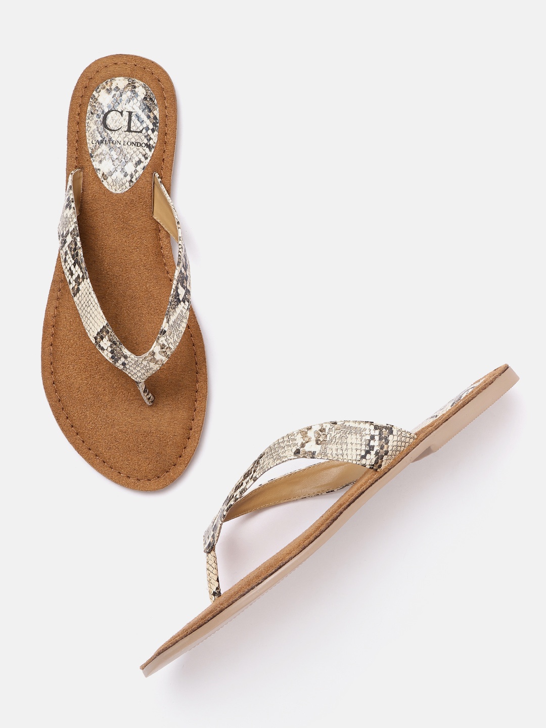 

Carlton London Women Beige & Brown Snakeskin Textured Open Toe Flats