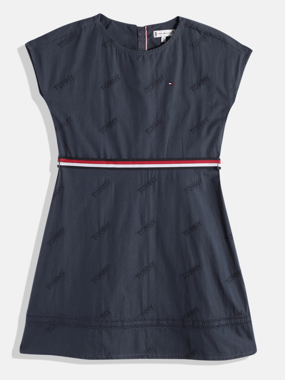 

Tommy Hilfiger Brand Logo Embroidered Organic Cotton Fit & Flare Dress With A Belt, Navy blue