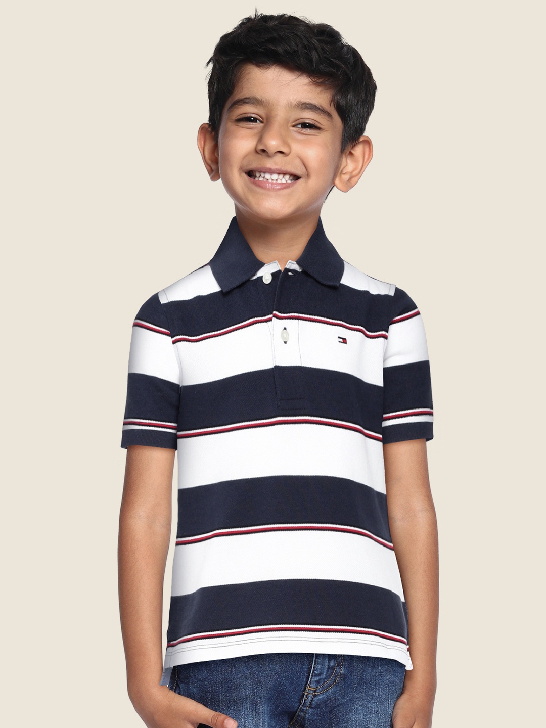 

Tommy Hilfiger Boys White & Navy Blue Striped Polo Collar Organic Cotton T-shirt