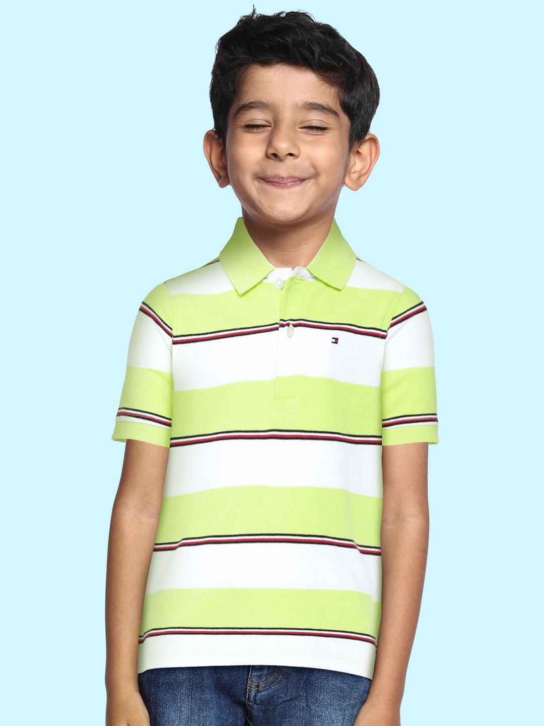 

Tommy Hilfiger Boys Fluorescent Green & White Striped Pure Cotton T-shirt