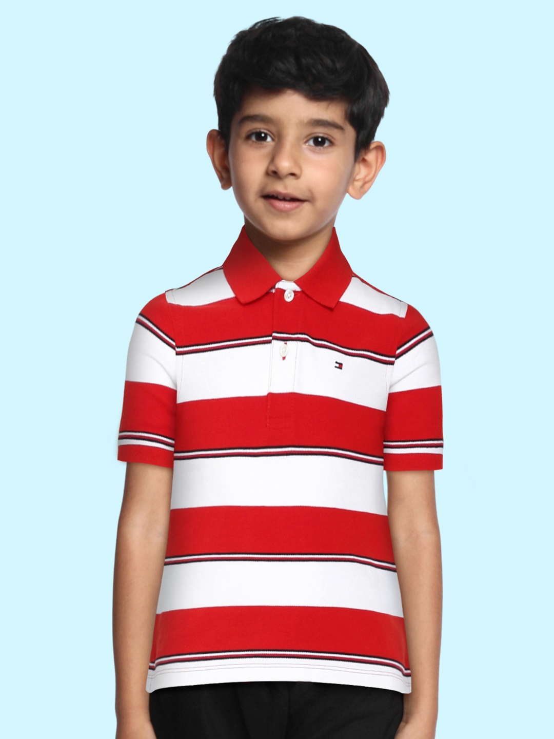 

Tommy Hilfiger Boys Red & White Striped Polo Collar Pure Cotton T-shirt