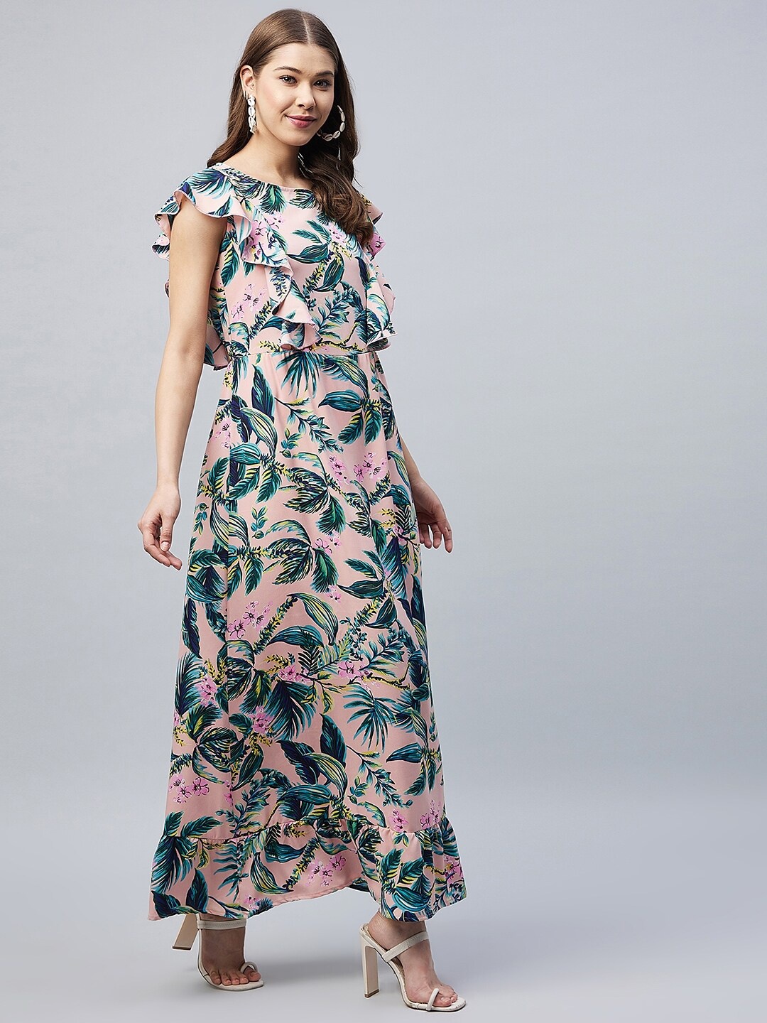 

StyleStone Green Tropical Crepe A-Line Midi Dress