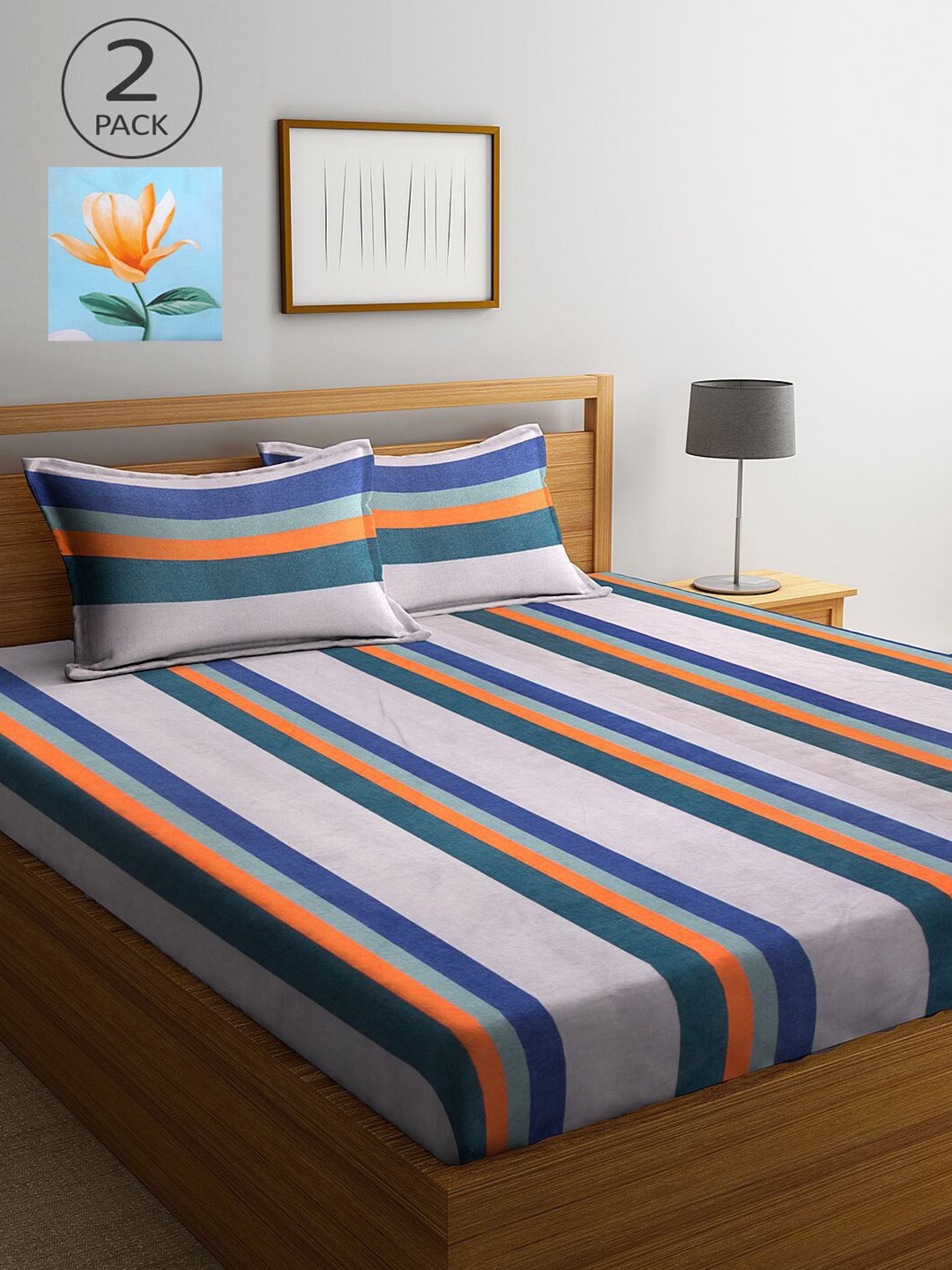 

KLOTTHE Grey & Blue Striped 210 TC 2 King Bedsheet with 4 Pillow Covers