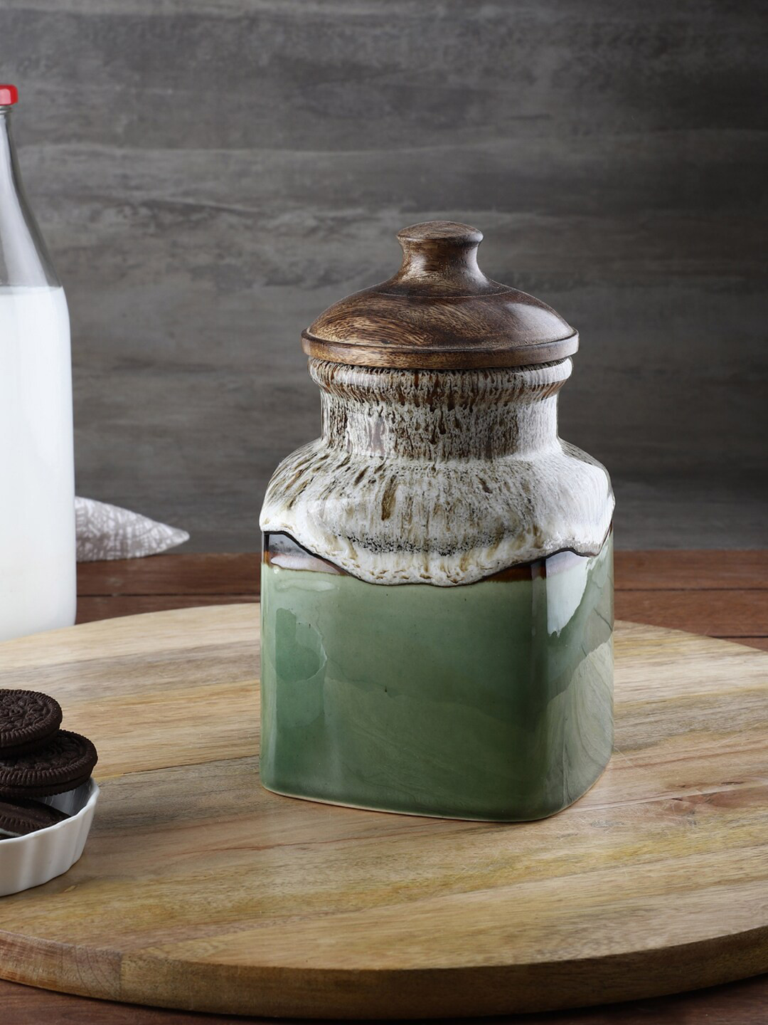 

VarEesha Green Studio Pottery Airtight Ceramic Jar With Wooden Lid