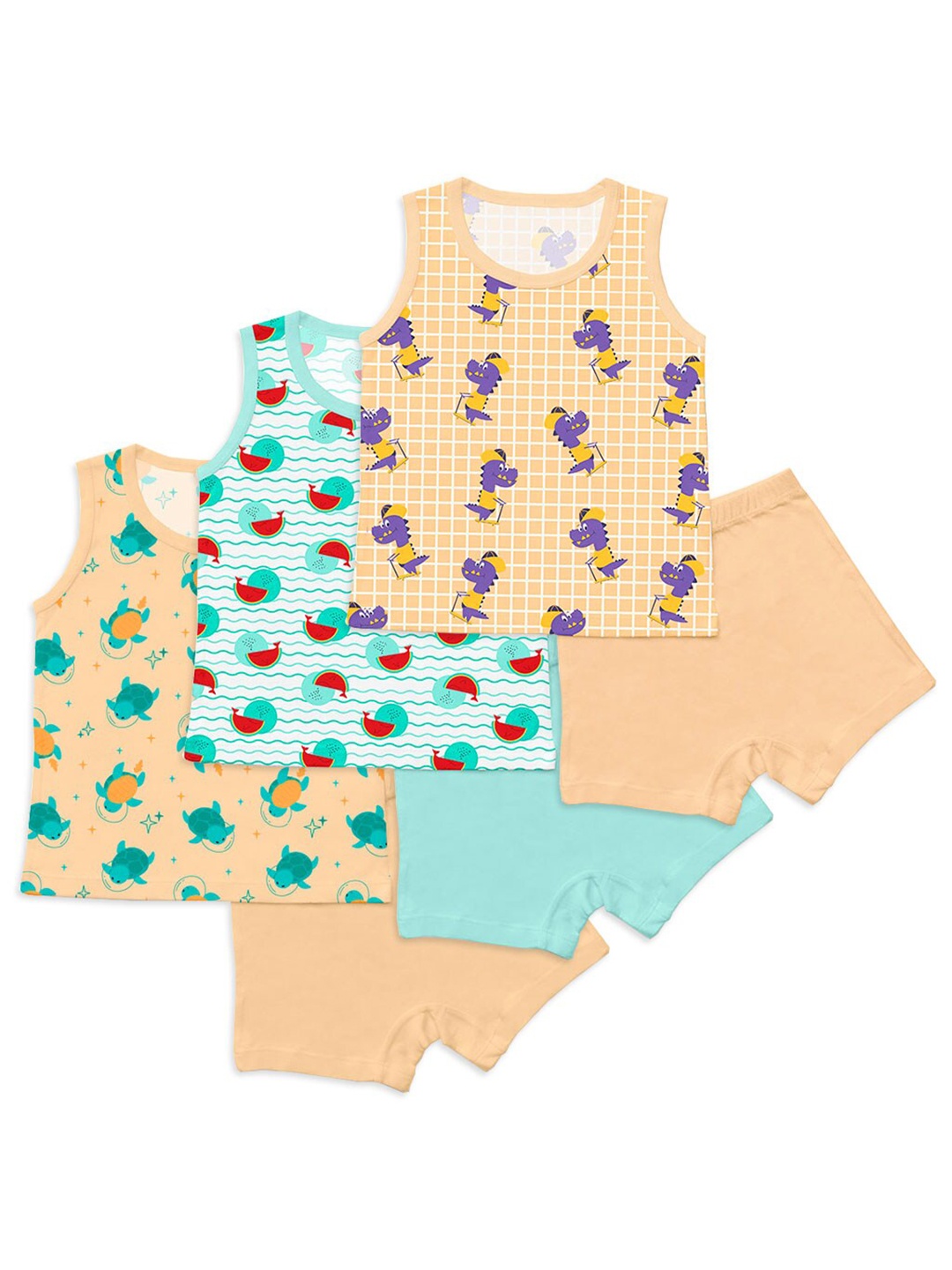 

SuperBottoms Kids Set Of 3 Beige & Blue Printed Sustainable T-shirt with Shorts