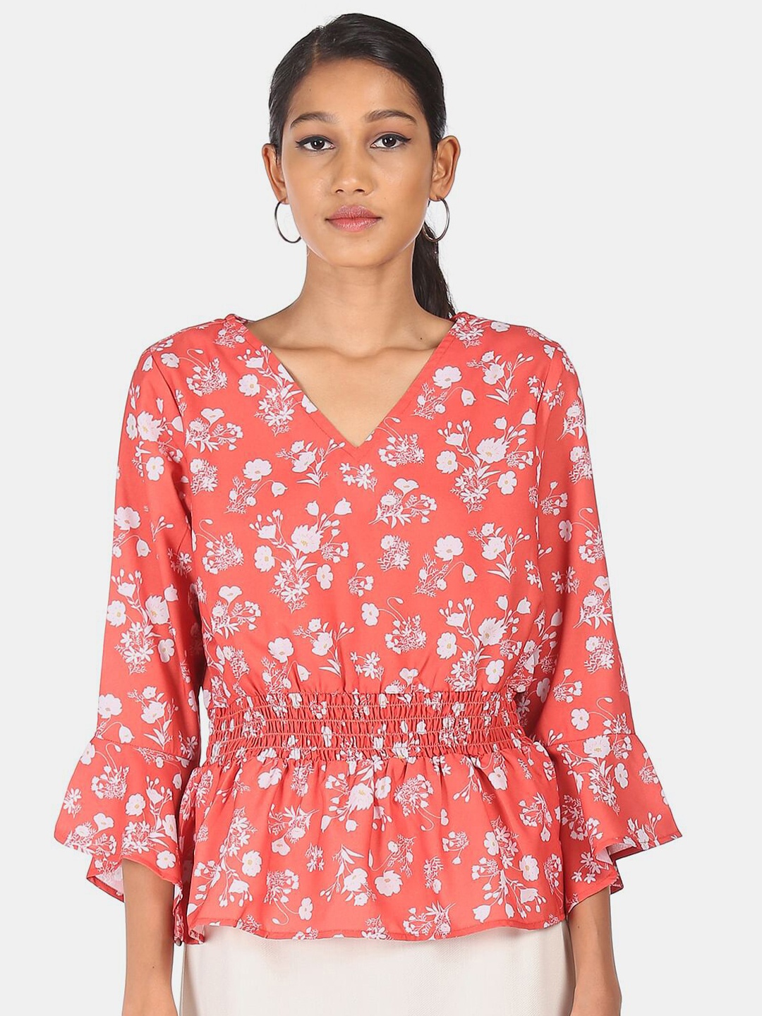 

SHFFL Women Red & White Floral Printed Peplum Top