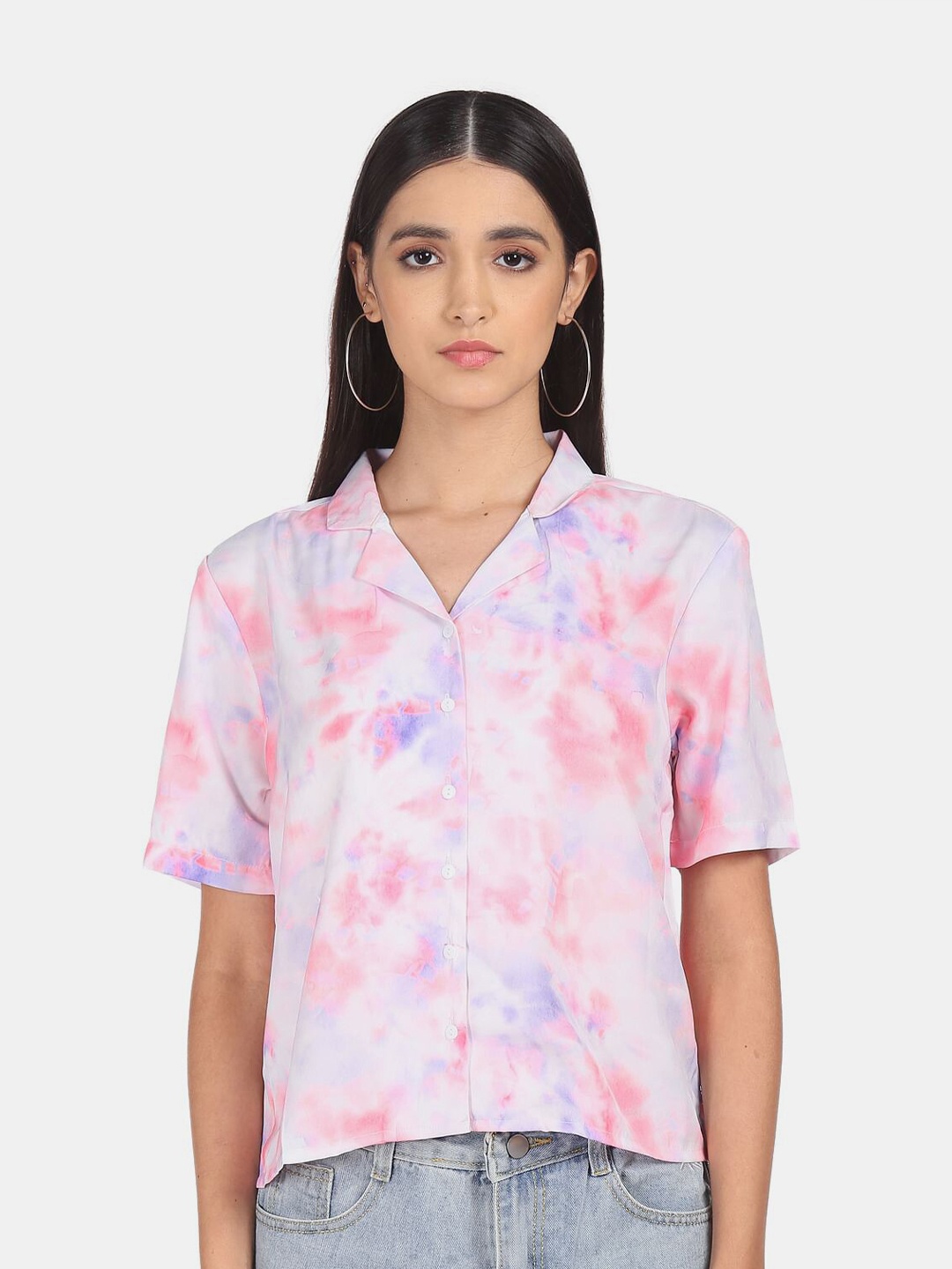 

SHFFL White & Pink Tie & Dye Printed Shirt Style Top