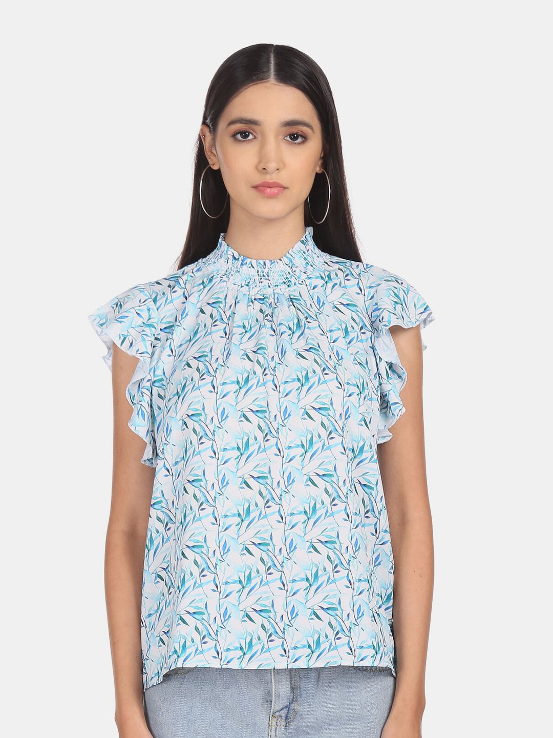 

SHFFL Women White & Turquoise Blue Floral Printed Top