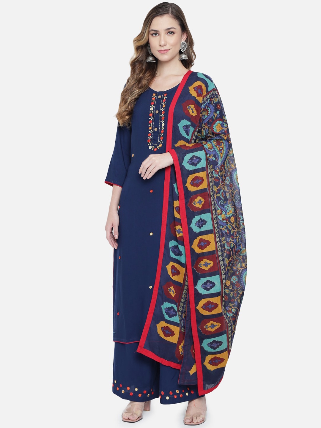 

Prakhya Women Blue Floral Embroidered Kurta with Palazzos & With Dupatta