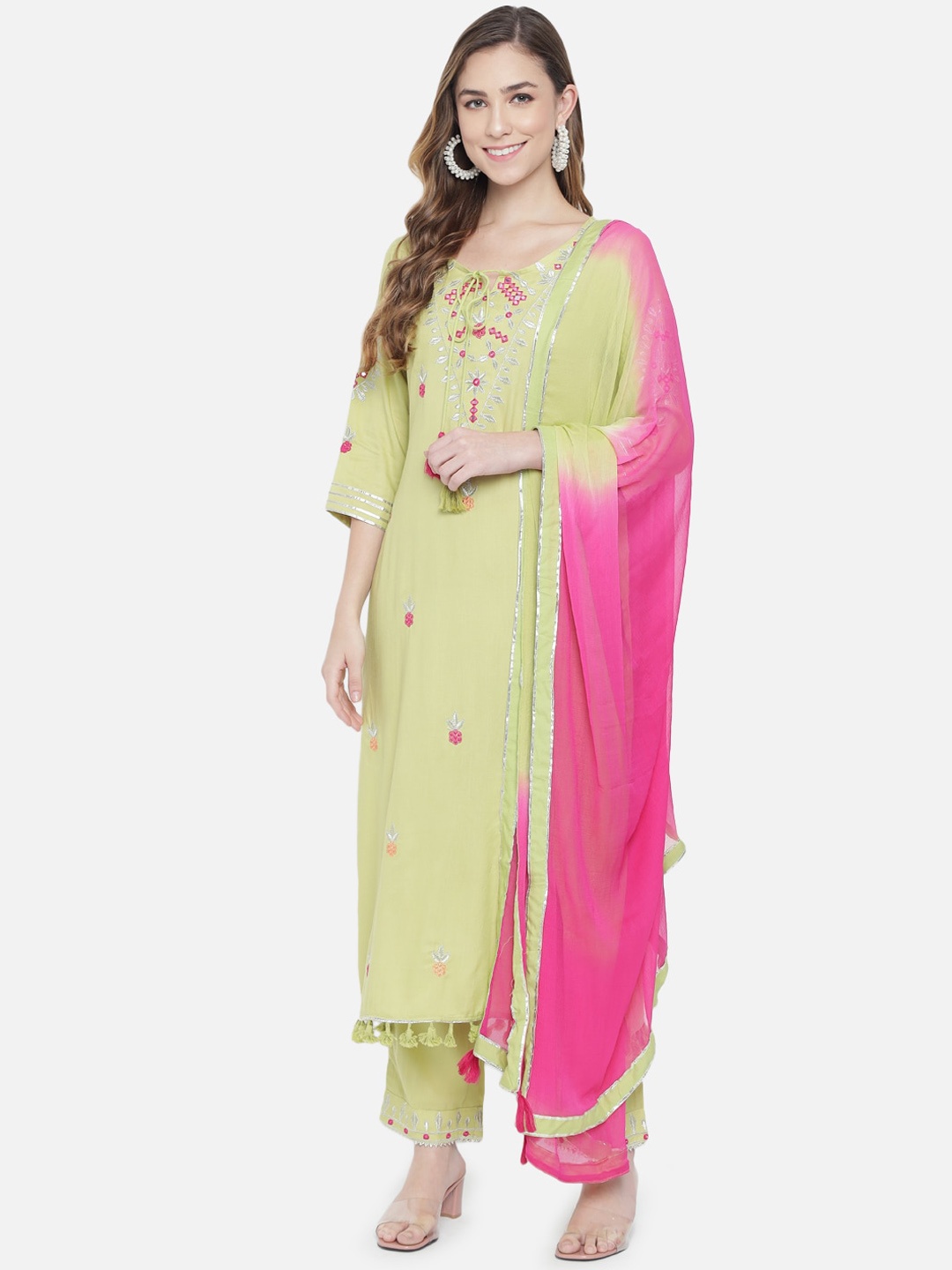 

Prakhya Women Green Floral Embroidered Kurta with Palazzos & Dupatta