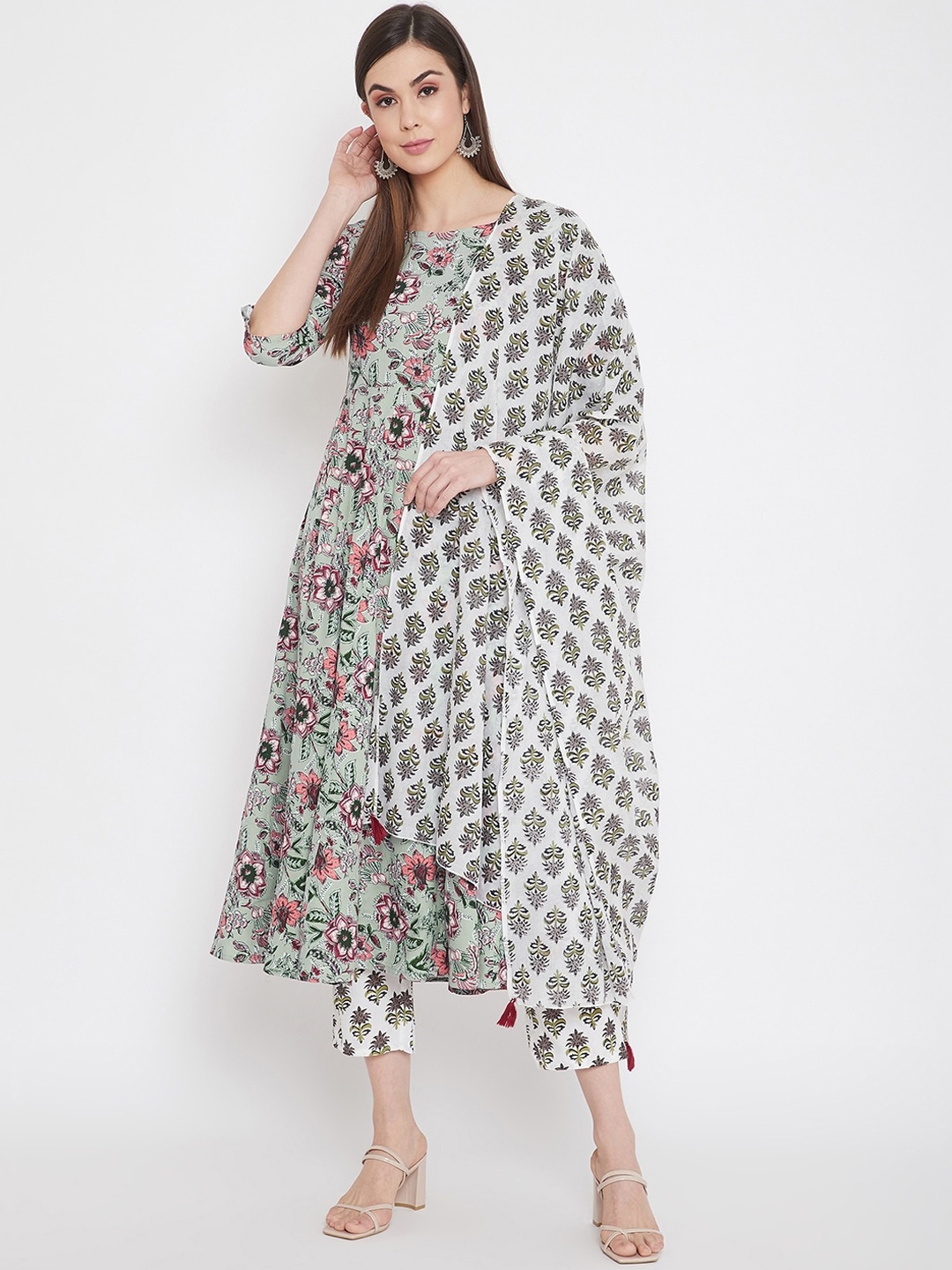 

Prakhya Women Green Floral Printed Pleated Kurta with Trousers & With Dupatta