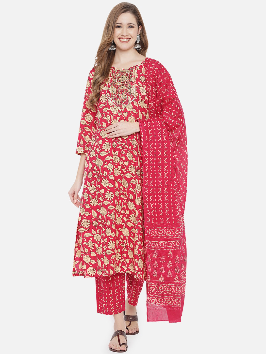 

Prakhya Women Red Floral Printed Pleated Kurta with Palazzos & With Dupatta