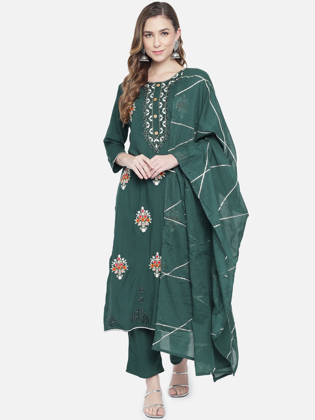 

Prakhya Women Green Embroidered Kurta with Trousers & With Dupatta