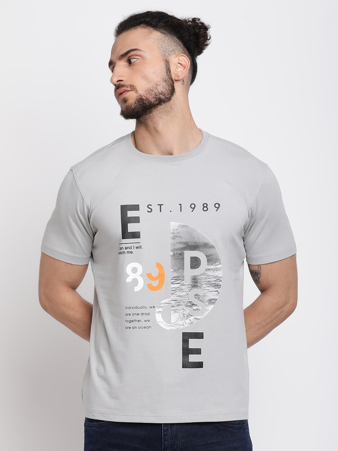 

Cantabil Men Grey Typography Printed Applique T-shirt