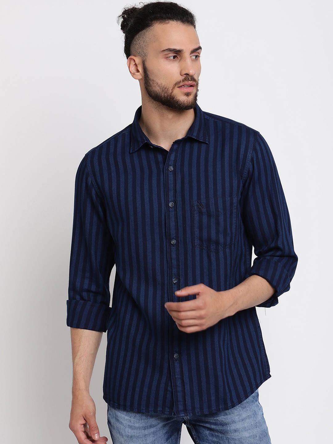 

Cantabil Men Blue Striped Pure Cotton Casual Shirt