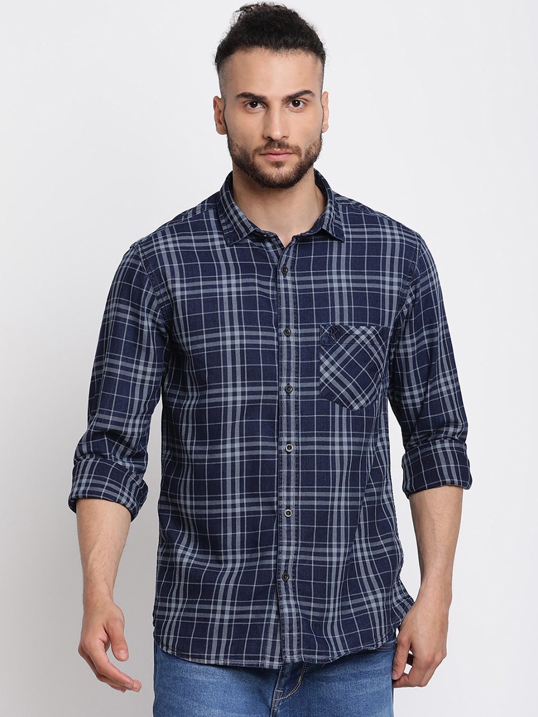 

Cantabil Men Navy Blue Tartan Checked Regular-Fit Pure Cotton Casual Shirt