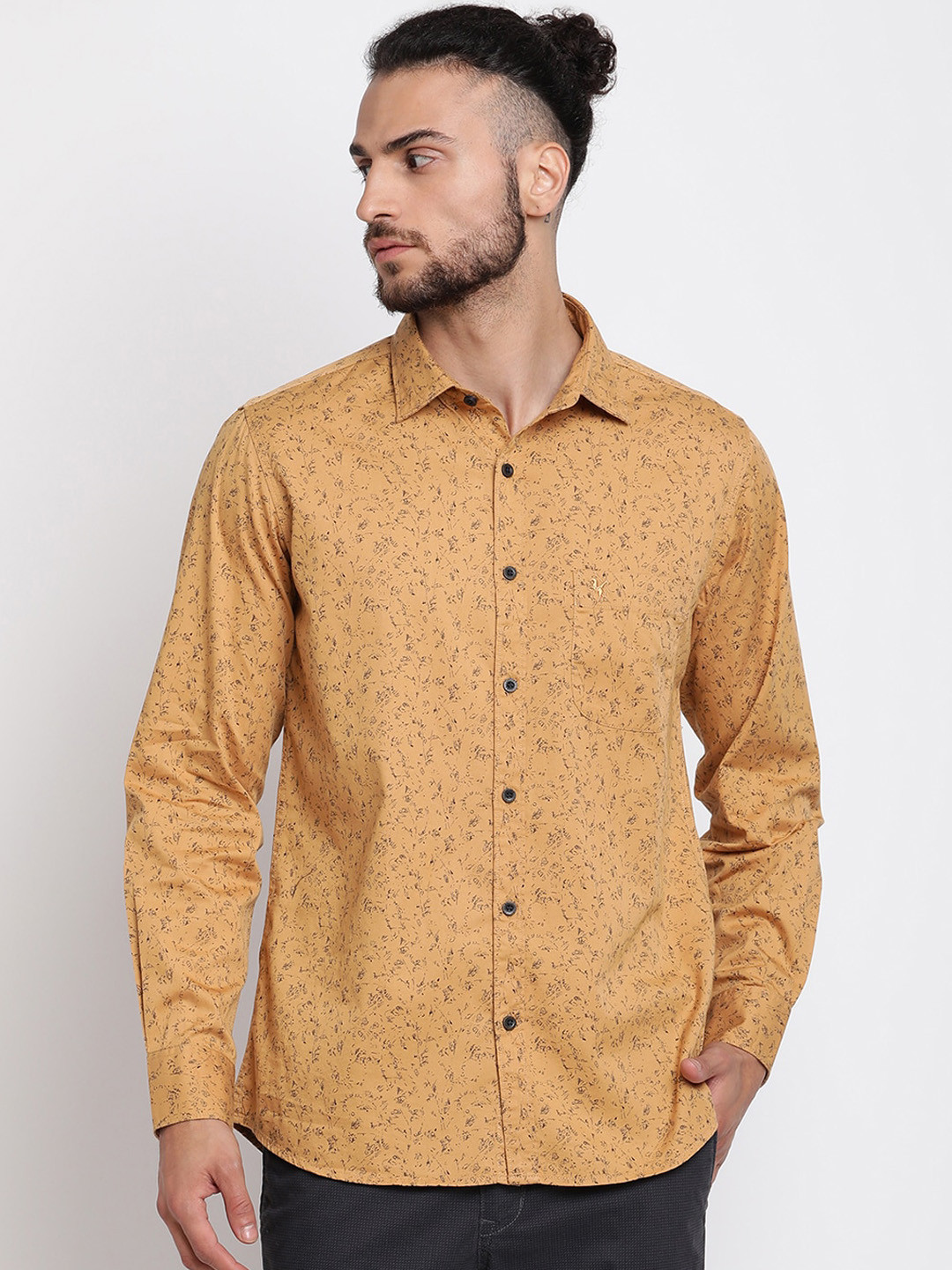 

Cantabil Men Mustard Yellow Printed Pure Cotton New Regular Fit Casual Shirt