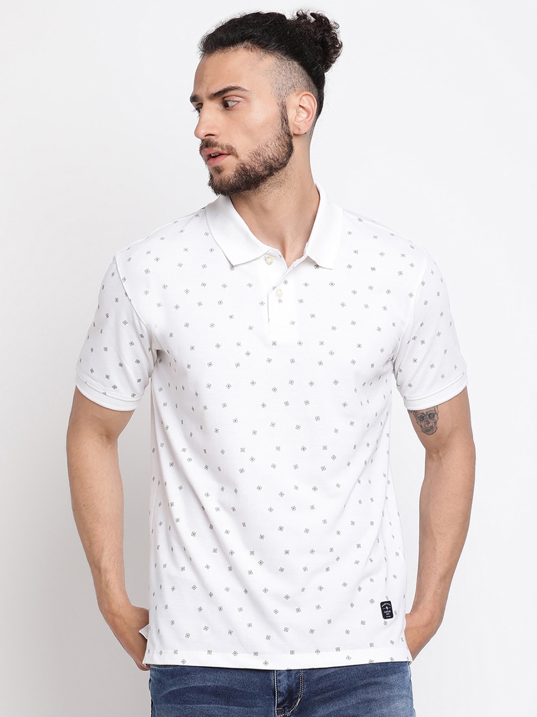 

Cantabil Men White Printed Polo Collar T-shirt