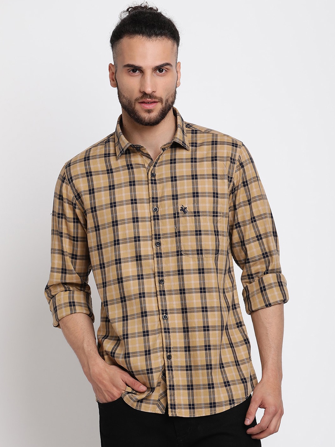 

Cantabil Men Khaki Tartan Checked Regular-Fit Pure Cotton Casual Shirt