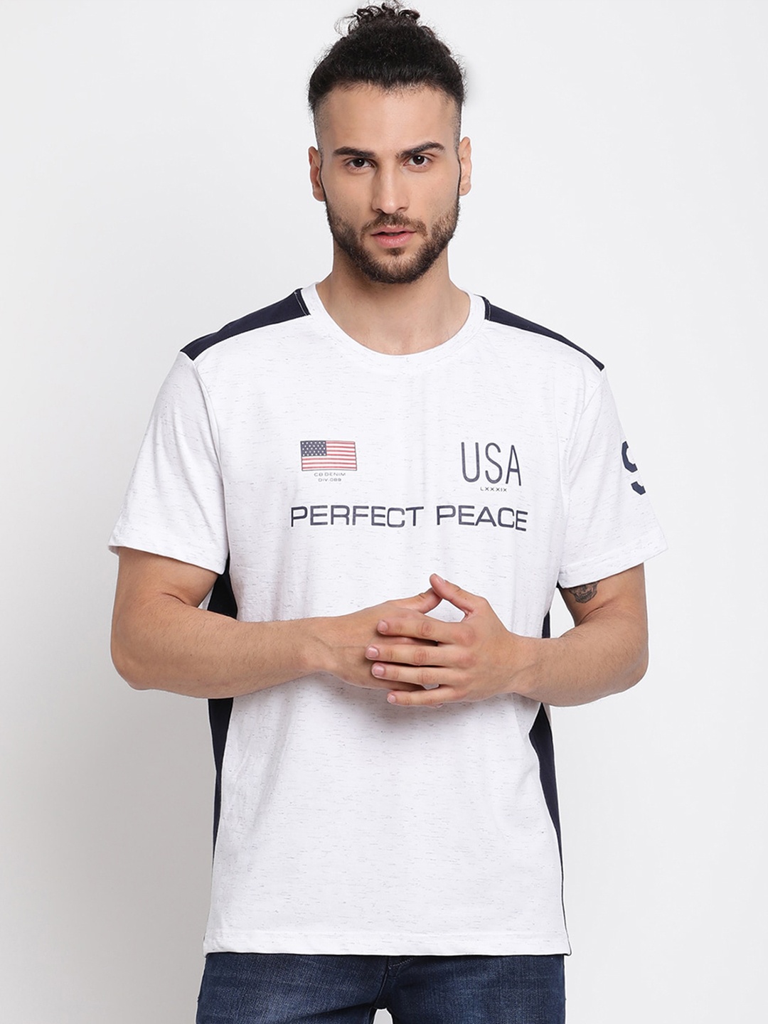 

Cantabil Men Off White & Navy Blue Typography Printed Pure Cotton Regular Fit T-shirt