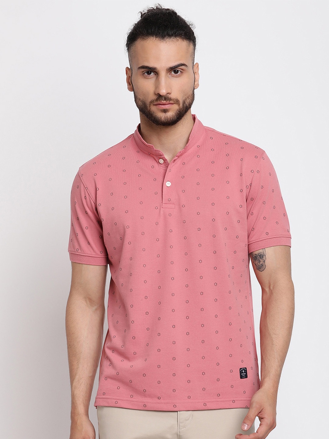 

Cantabil Men Pink Printed Polo Collar Pure Cotton T-shirt
