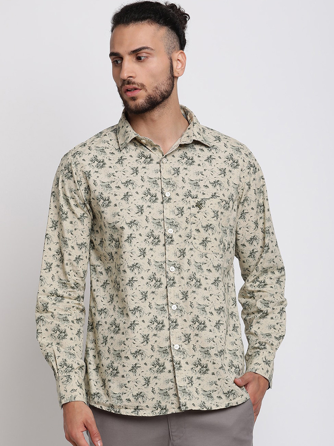 

Cantabil Men Khaki Floral Printed Cotton Casual Shirt
