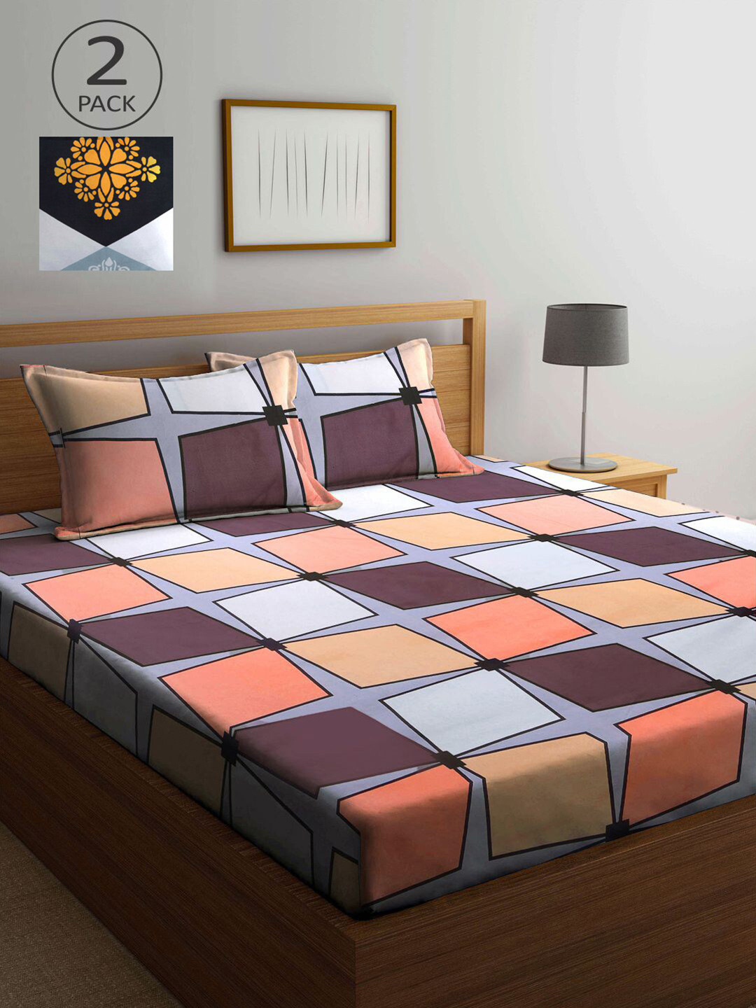 

KLOTTHE Peach-Coloured & Burgundy Geometric 210 TC 2 King Bedsheet with 4 Pillow Covers