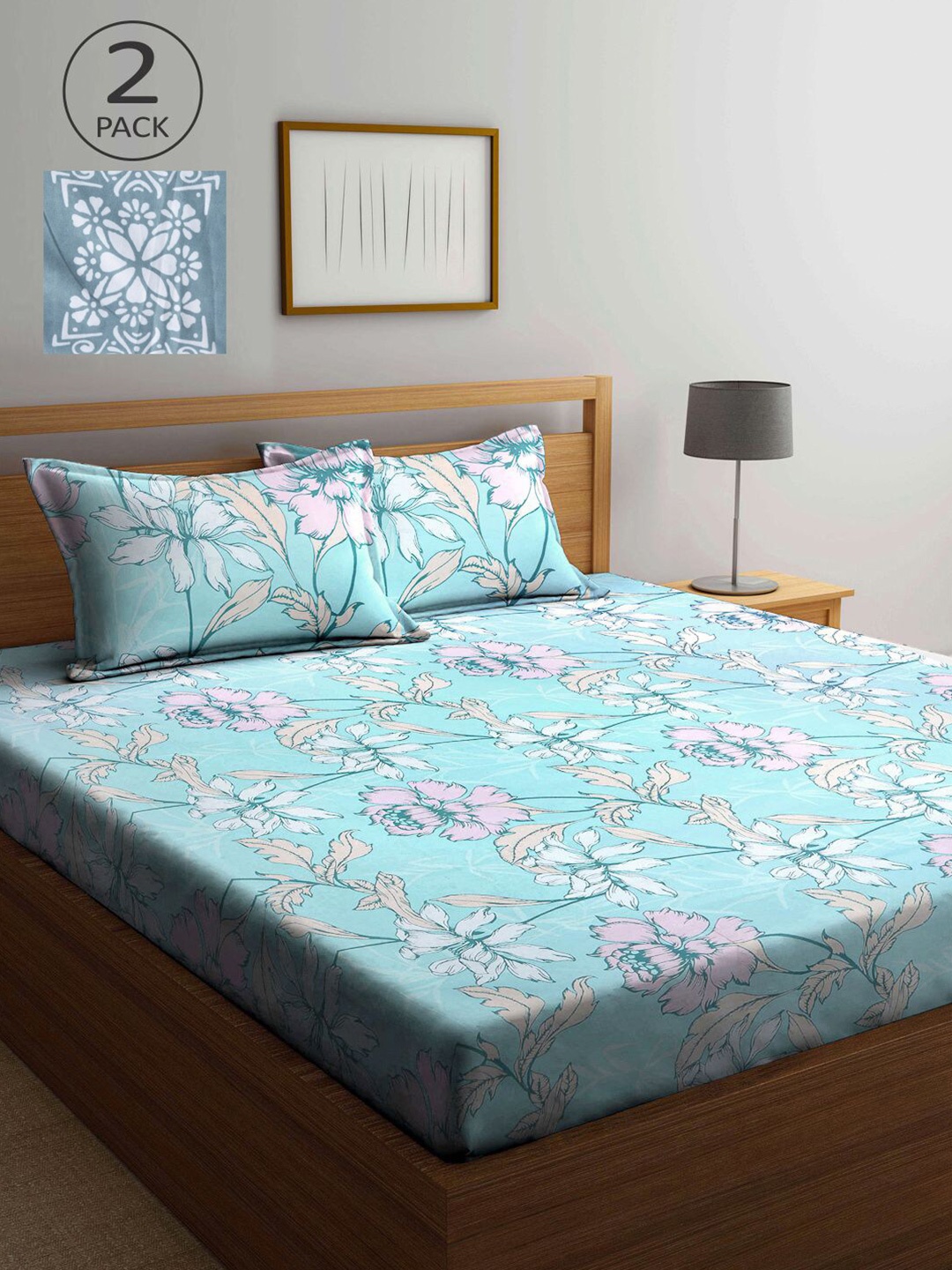 

KLOTTHE Blue Floral 210 TC 2 King Bedsheet with 4 Pillow Covers