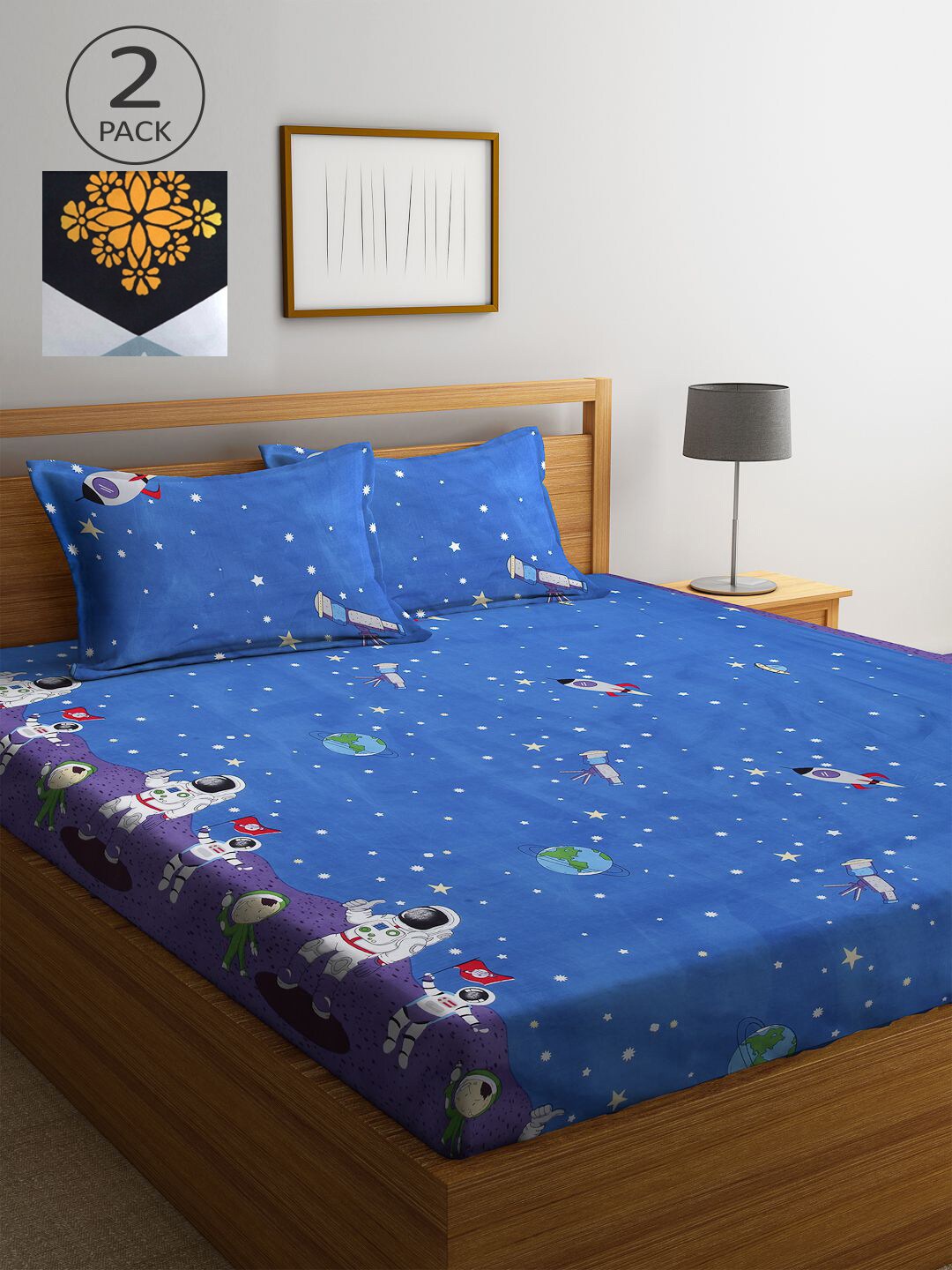 

KLOTTHE Blue Cartoon Characters 210 TC 2 King Bedsheet with 4 Pillow Covers