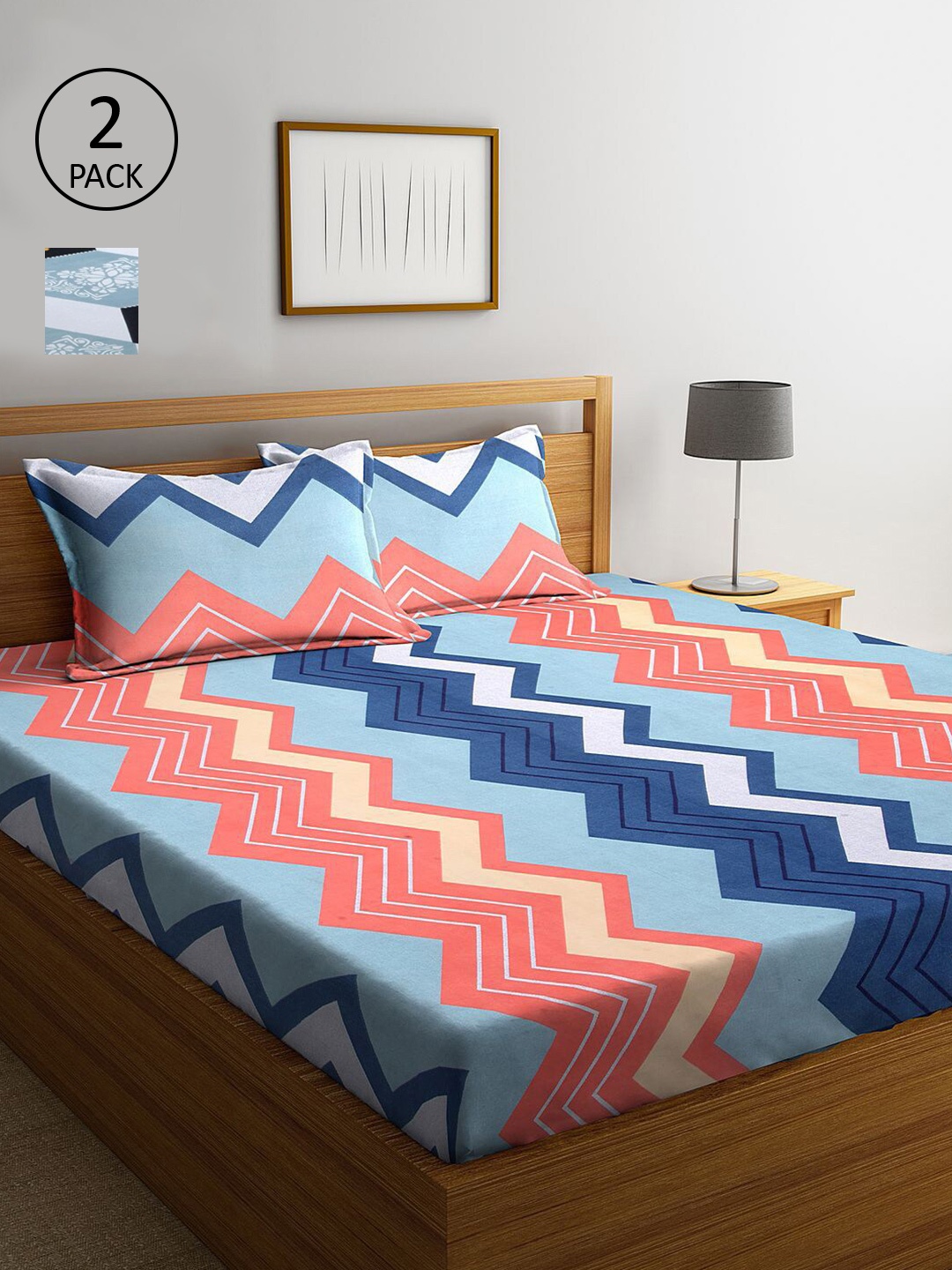 

KLOTTHE Blue & Peach-Coloured Geometric 210 TC 2 King Bedsheet with 4 Pillow Covers