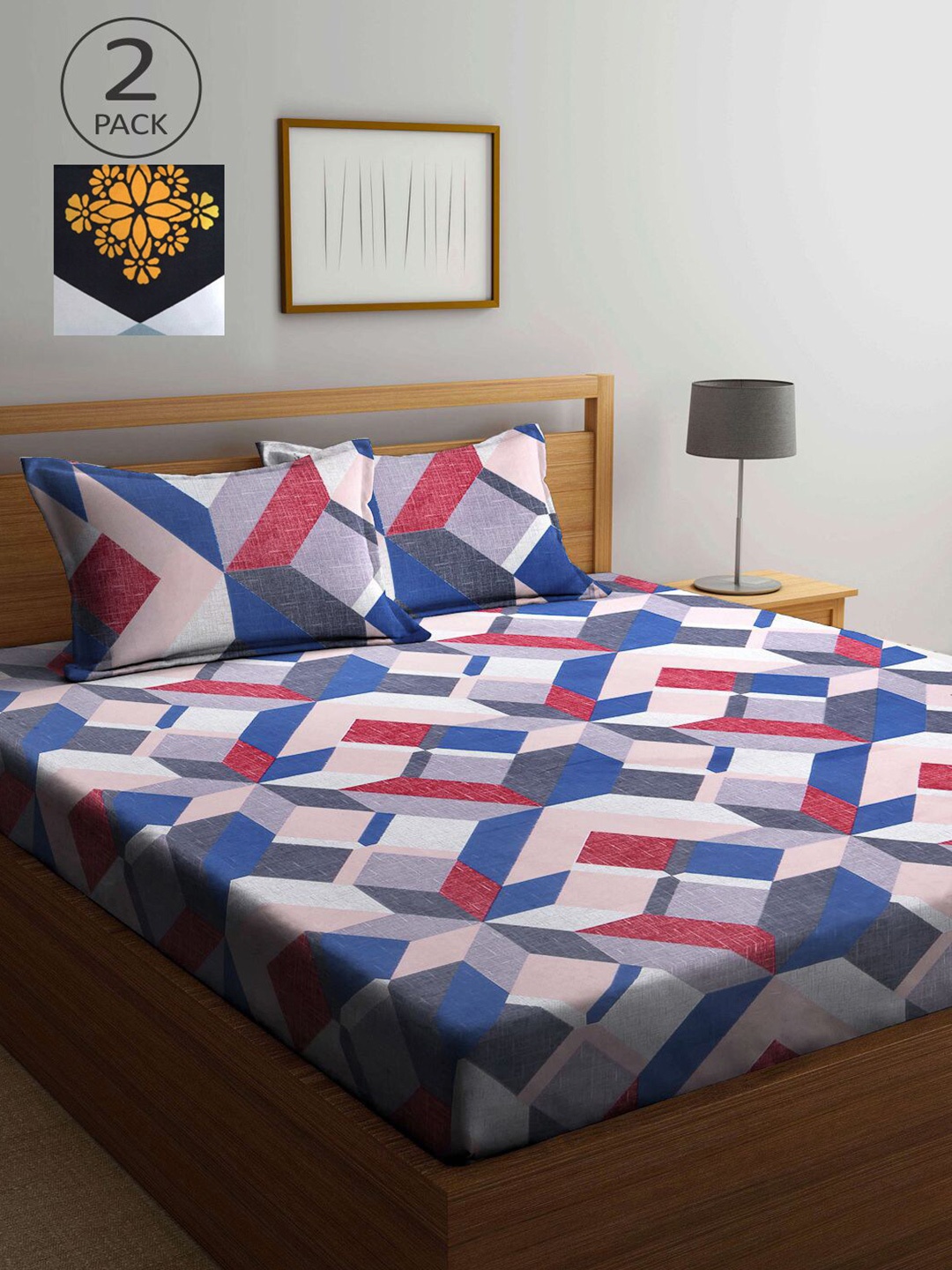 

KLOTTHE Blue & Pink Geometric 210 TC 2 King Bedsheet with 4 Pillow Covers