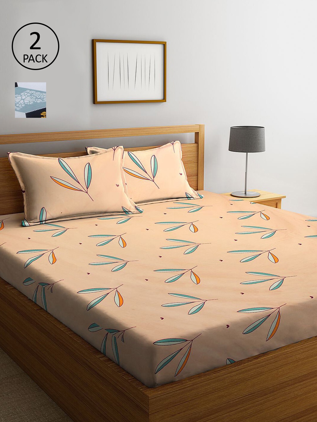 

KLOTTHE Beige & Blue Floral 210 TC 2 King Bedsheet with 4 Pillow Covers