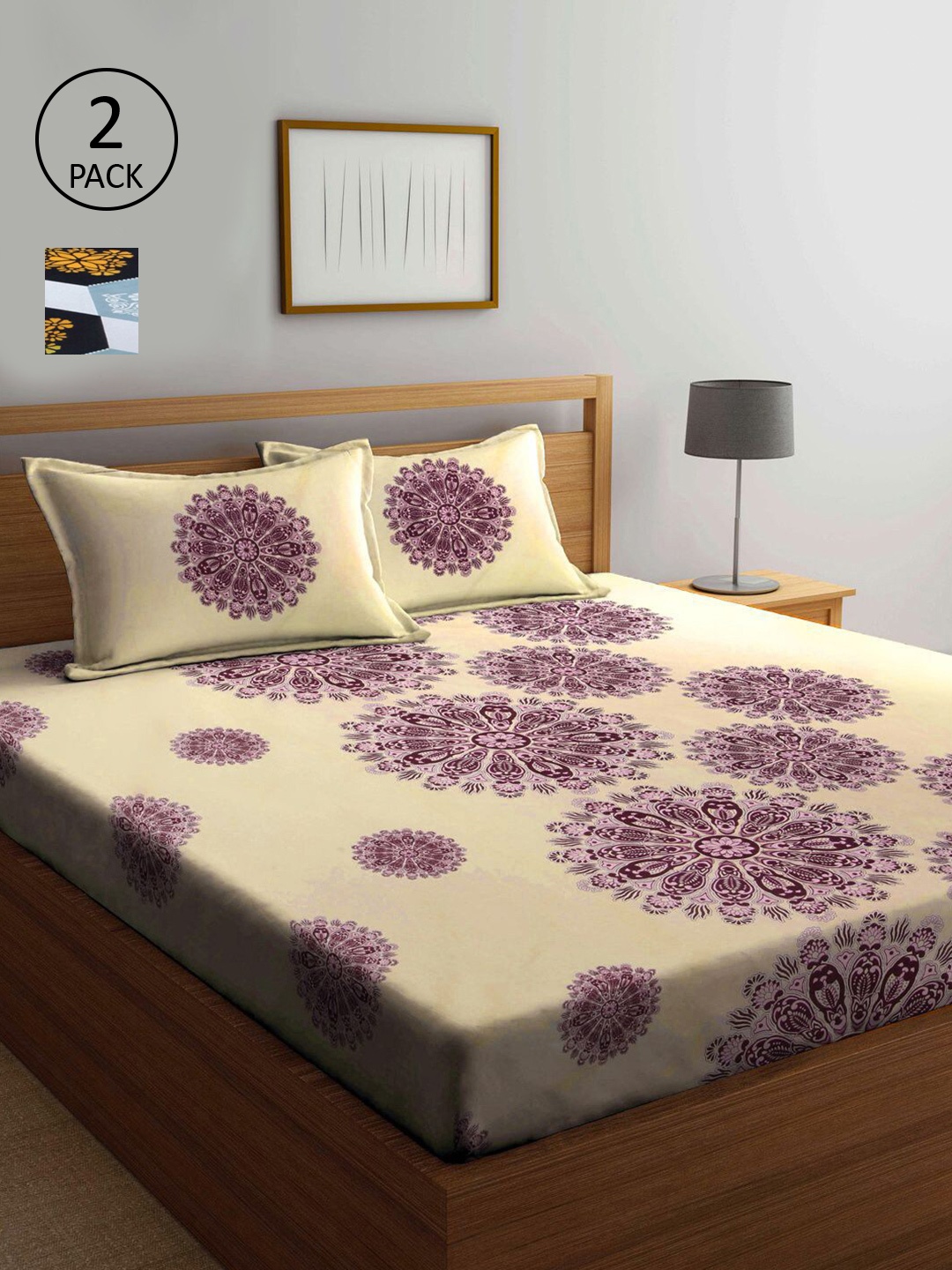 

KLOTTHE Beige & Blue Geometric 210 TC 2 King Bedsheet with 4 Pillow Covers