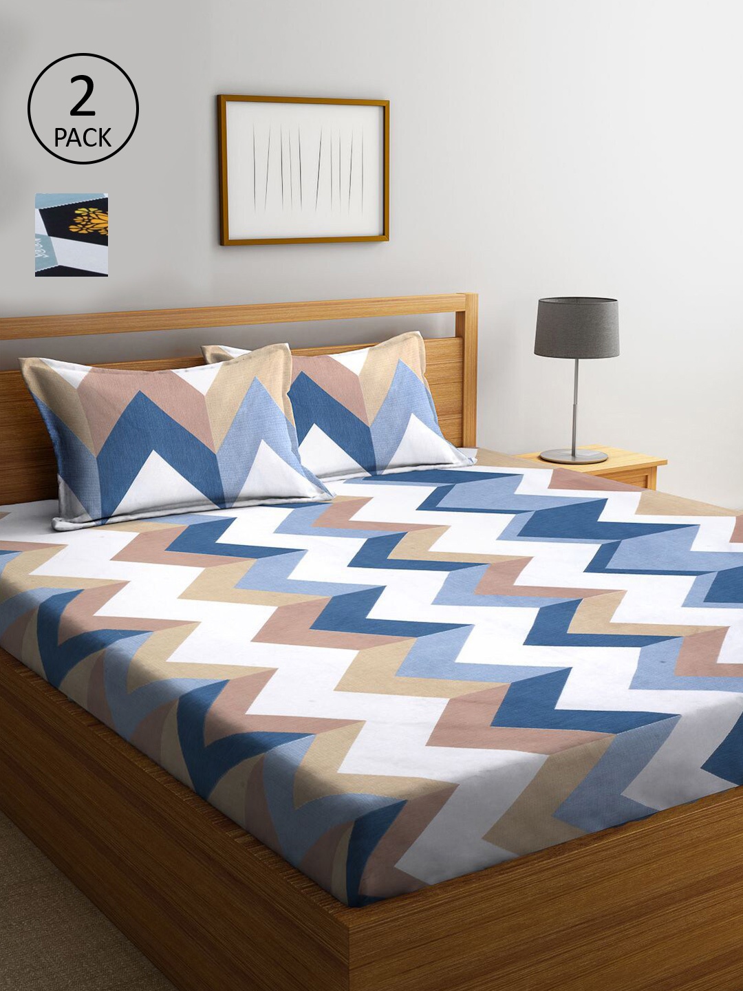 

KLOTTHE Blue & Beige Geometric 210 TC 2 King Bedsheet with 4 Pillow Covers